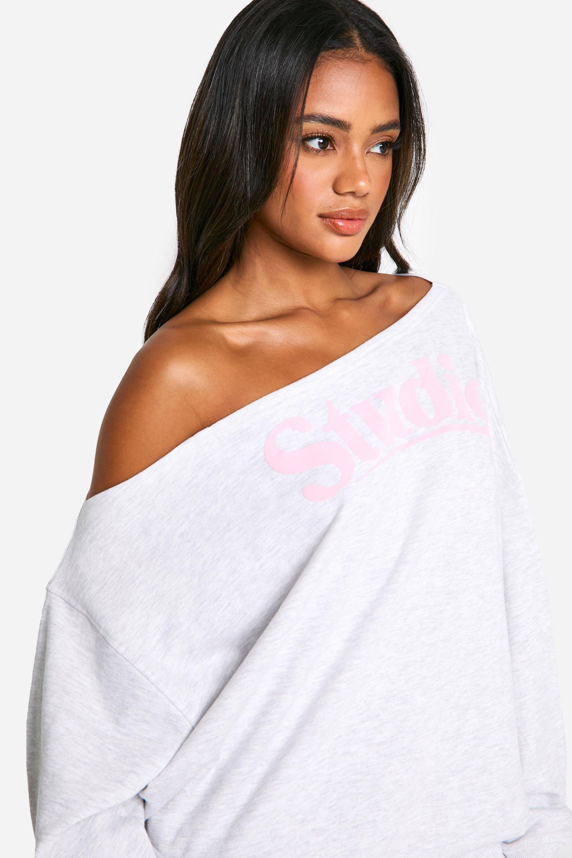 DSGN Studio Slogan Off The Shoulder Sweatshirt | boohoo USA DSGN Studio Slogan Off The Shoulder Sweatshirt | boohoo USA